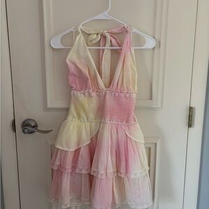 LoveShackFancy Pink and Yellow Dyed Deanna Halter Dress